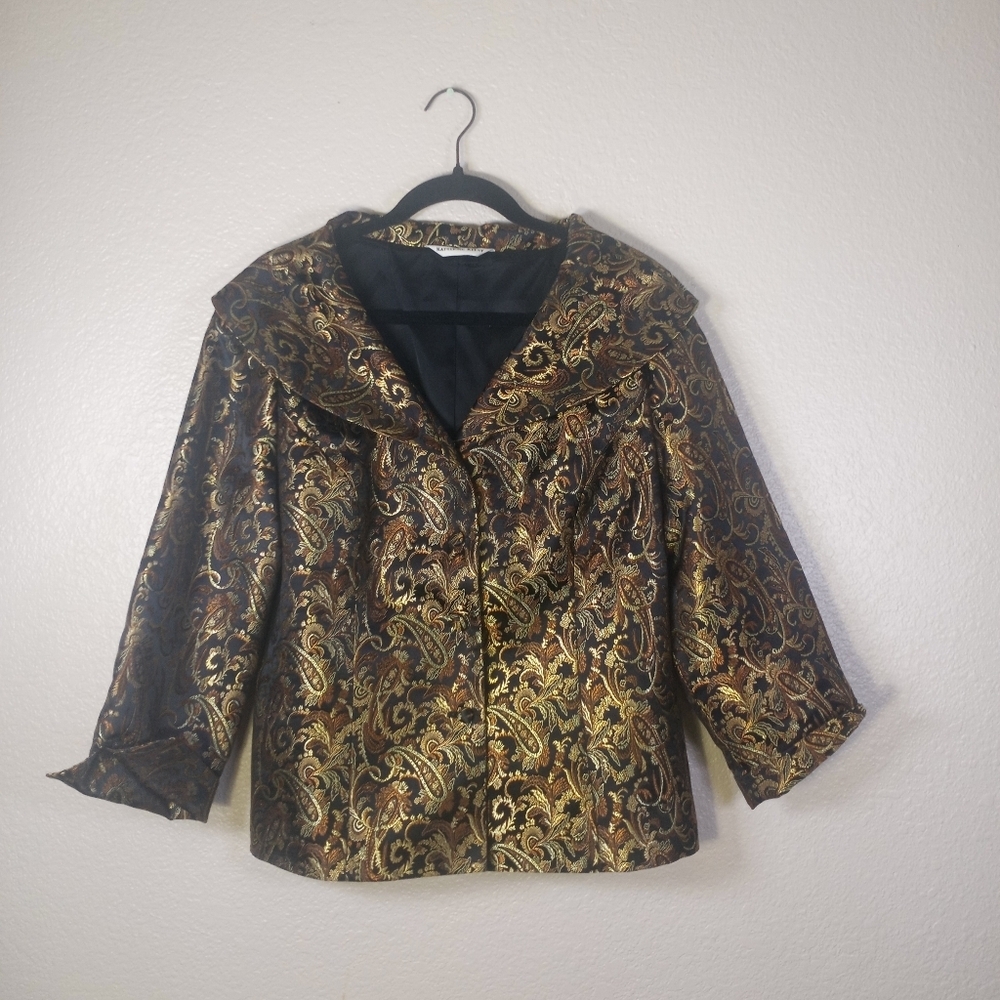 Vintage Katherine Kelly Metallic Gold Black Paisley Tapestry Wide Collar Blazer